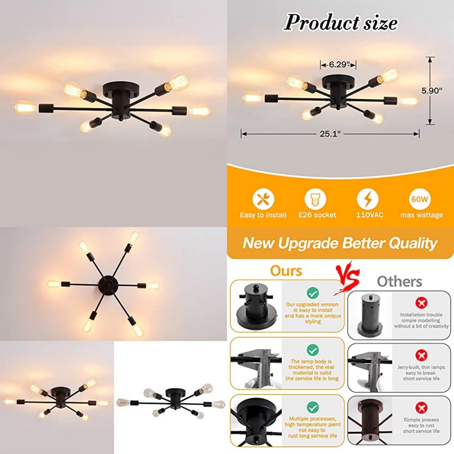 6 Lights Sputnik Semi Flush Mo - Farming A ulasan dan harga